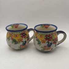 2 Kalich Polish Pottery Ceramic Mugs Boleslawiec 10 oz Black Cat New W/ Tags picture