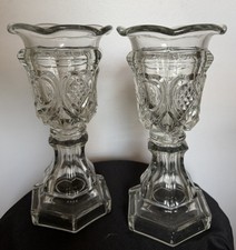 Pair Antique EAPG Pressed Glass Vases Heart Diamond Point Hexagonal Base c1880 picture