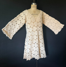 VTG. MCM 1970s BOHEMIAN DRESS, HAND CROCHET WOOL, Bell sleeves sz., M/L, CUTE picture