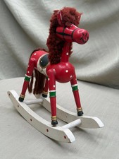 Vintage Red Hand-Painted Wooden Rocking Horse – Folk Art, Yarn Hair picture