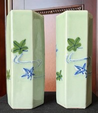 Pair Vintage Mid Century Celadon Green Ceramic Vases Hand Painted Floral 8 3/4” picture
