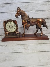Vintage Bradley Time Corp Metal Horse Clock Horseshoe Mantel Western Mid Century picture