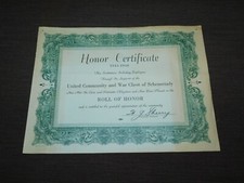 VINTAGE 1945-1946 HONOR CERTIFICATE UNITED COMMUNITY WAR CHEST OF SCHENECTADY picture