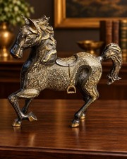 Large Vintage Indian Brass Horse Sculpture Black Gold Etched Floral 16