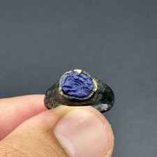 Ancient Roman Bronze ring with Lapis Lazuli Intaglio Bezel picture
