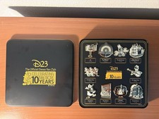 D23 Official Disney Fan Club 10 Fan-Tastic Years Gold Pin Set Box Tin Celebrate picture