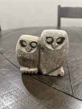 Vtg MCM Russian Stone Owl Pair Carving Figurine Handcrafted Soapstone 3” picture