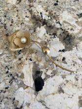 Long Stem Gold Tone Faux Pearl Large Flower Brooch Pin 5