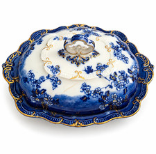 Antique Ridgways Lugano Flow Blue Covered Serving Dish Gold Trim England picture