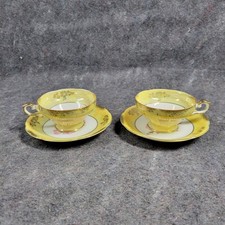 Vintage Pair Royal Sealy China Tea Cup Saucers Yellow Lustreware Pink Flowers  picture