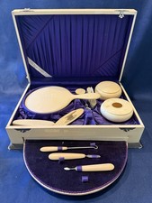 Antique 1920s French Ivory Celluloid Vanity Set Monogram R Original Case 10pc picture