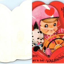 Vtg 1940s Valentines Day Cards LOT x2 Cute Puppies Dalmatian Girl Car Heart picture
