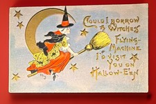 Antique L&E Embossed Halloween Postcard Witch on Moon Flying Machine Hb Griggs picture