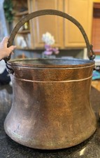 Antique HUGE Cauldron Pot Hand Hammered Copper Cast Bronze Firewood Bucket Decor picture
