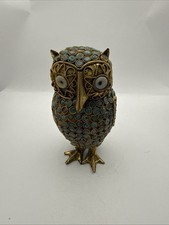 Vintage Tibetan Gilded Brass Filigree Owl Turquoise Lapis & Coral Sculpture picture