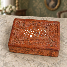 Vintage 1970 Spain Hand Carved Wood Jewelry Box 6.7 Inch Floral Inlay Blue Lined picture
