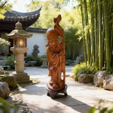 Vintage Chinese God of Longevity Hand-carved 5.75” tall Figurine On Wooden Base picture