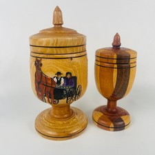 Vintage Hand Turned Wood Pedestal Treenware Lidded Boxes PA Dutch Folk Art picture