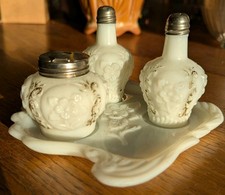 EAPG Milk Glass Condiment Set Cosmos Scroll Pattern Tray Shakers Mustard Pot picture