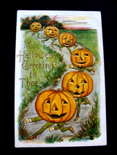 Jack-o-Lanterns Walking in a Row w Elves' legs Halloween Postcard Gold Hilights picture
