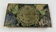 Vtg Mexican Brass Crushed Stone Mosaic Aztec Sun Calendar Wood Lined Box 7.5