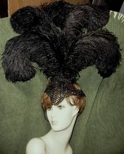 Antique 1920's Circus Theater Headdress w Huge Black Ostrich Plumes & Jet Beads picture