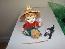 Vintage 1957 Kreiss Ceramics Boy & Dog w/ Fish & Paper Gone Fishing Tag + Pole picture