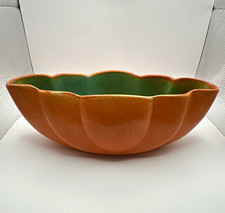 Vintage MCM Ceramic Pumpkin Planter Bowl Orange & Teal Scalloped Rim picture