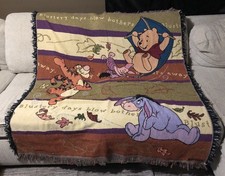 Vintage Disney Pooh Tigger Eyeore Piglet Woven Throw Blanket Blustery Days Blow picture