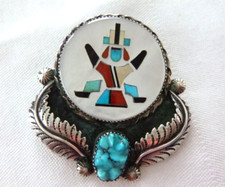 Vnt Zuni FLORENTINE PANTEAH Multi-stone Inlay Pin-Pendant 925 Sterling Silver picture