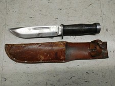 Vintage Cattaraugus 225Q Fixed Blade Leather Handle Knife & Sheath WWII Miltiary picture