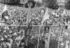 Portrait of Pope John Paul II adorns a fence at Lenin Shipyards St- Old Photo picture