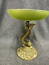 Vintage Bronze Koi Fish Dolphin Pedestal Dish With Green Glass 7.5” Tall picture