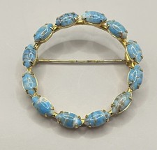 VTG 50s Brooch Gilded Turquoise Art Glass Circle Pin Gold Tone 2