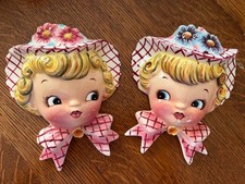 Vintage Set of 2 MCM Retro Miss Dainty Lefton Girl Wall Pockets ~ Japan picture