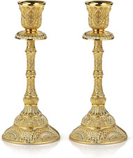 Set of 2 gold taper candle holders vintage brass metal candlesticks 7.4 inch picture