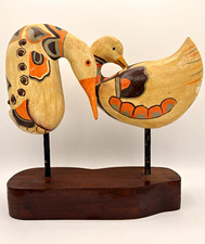 Vintage 1970s Hand-Painted Carved Wood Bird Sculpture on Stand, Approx: 11” tall picture