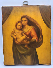 Vintage Sistine Madonna Mother Child Picture on Wood. Varnished. Hanging. picture