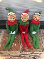 3  VINTAGE BENDED KNEE HUGGER CHRISTMAS ELVES PIXIE ELF ORNAMENT 9” Felt  picture