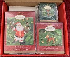 NIB 2000 HALLMARK COLLECTOR'S CLUB SET OF 3 ORNAMENTS, SANTA, REINDEER & BELL picture