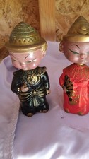 Vintage Pair of Ceramic Oriental Bobblehead Salt & Pepper Shakers picture