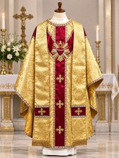 Catholic Gold Gothic Chasuble | Hand Embroidered Sacred Heart Rays Applique picture