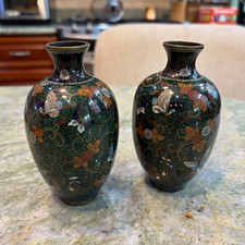 Antique Japanese Meiji Cloisonne Vases Pair Green Goldstone Aventurine Butterfly picture