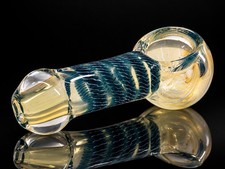 Mini Fumed Glass Tobacco Hand Pipe Thick Glass Teal Spiral Clear Amber picture