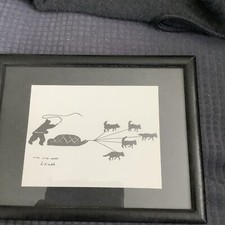 Liliane Black Ink Block Inuit Eskimo Sleigh with dog Sled Signed Art Work picture