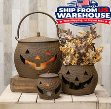 Set 3 Antique Farmhouse Jack O Lantern Pumpkin Cauldron Halloween Table Decor picture