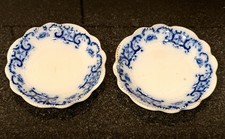 Antique W.H. Grindley Portman Flow Blue 3” Butter Pats Plates Gold Trim Set 2 picture