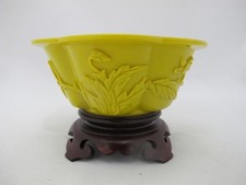 CHINESE Imperial Yellow PEKING Glass Foliate Lotus Bowl with Carved Wood Stand picture