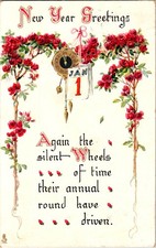 Vintage 1913 Tuck's New Year Greetings Postcard Red Roses Clock picture