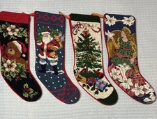 Set of 4 Beautiful Vintage Needlepoint Velvet Back Christmas Stockings picture